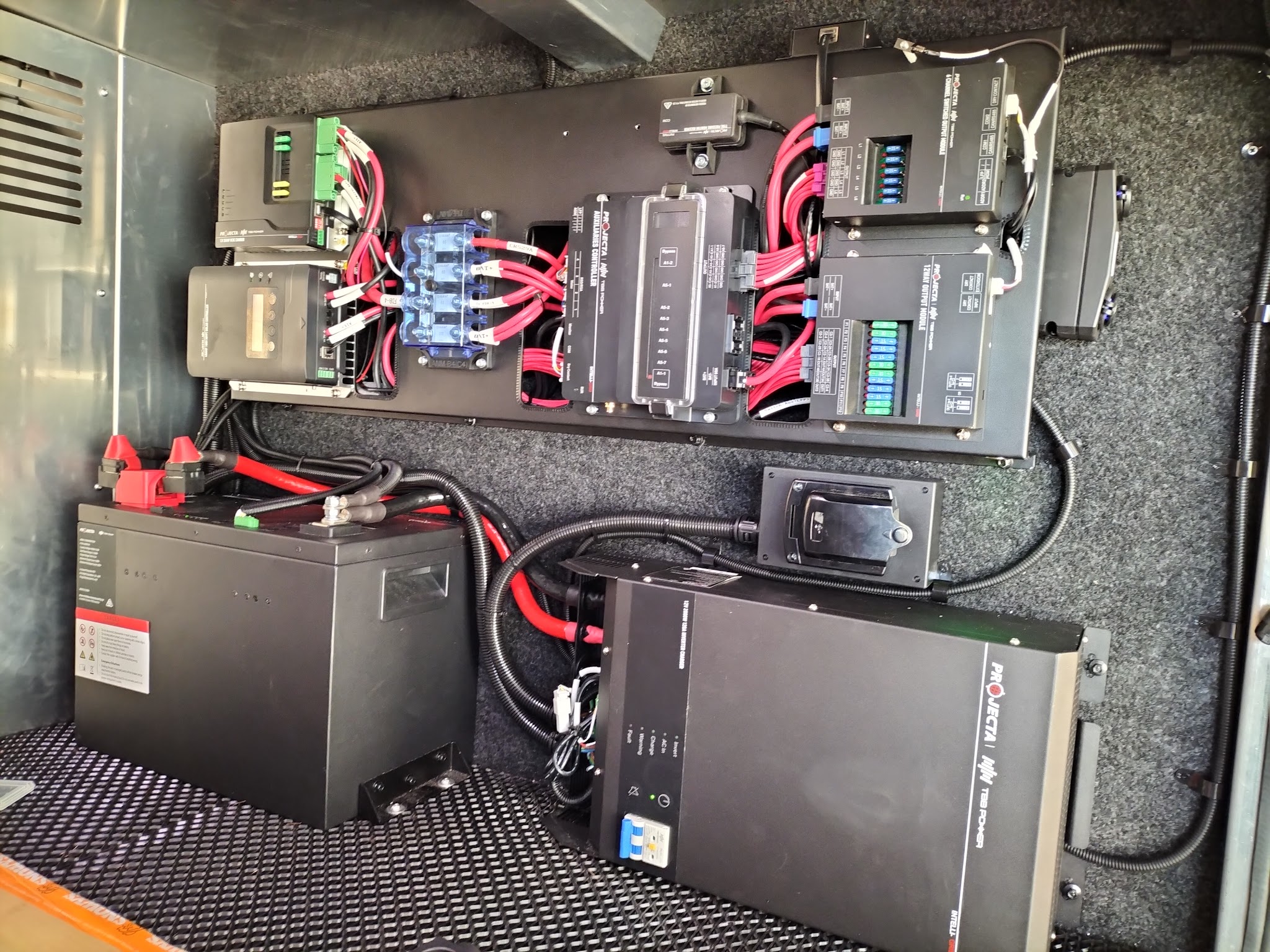 A dual battery, DC-DC and inverter install panel wired by Wireside, with neatly labelled red cabling