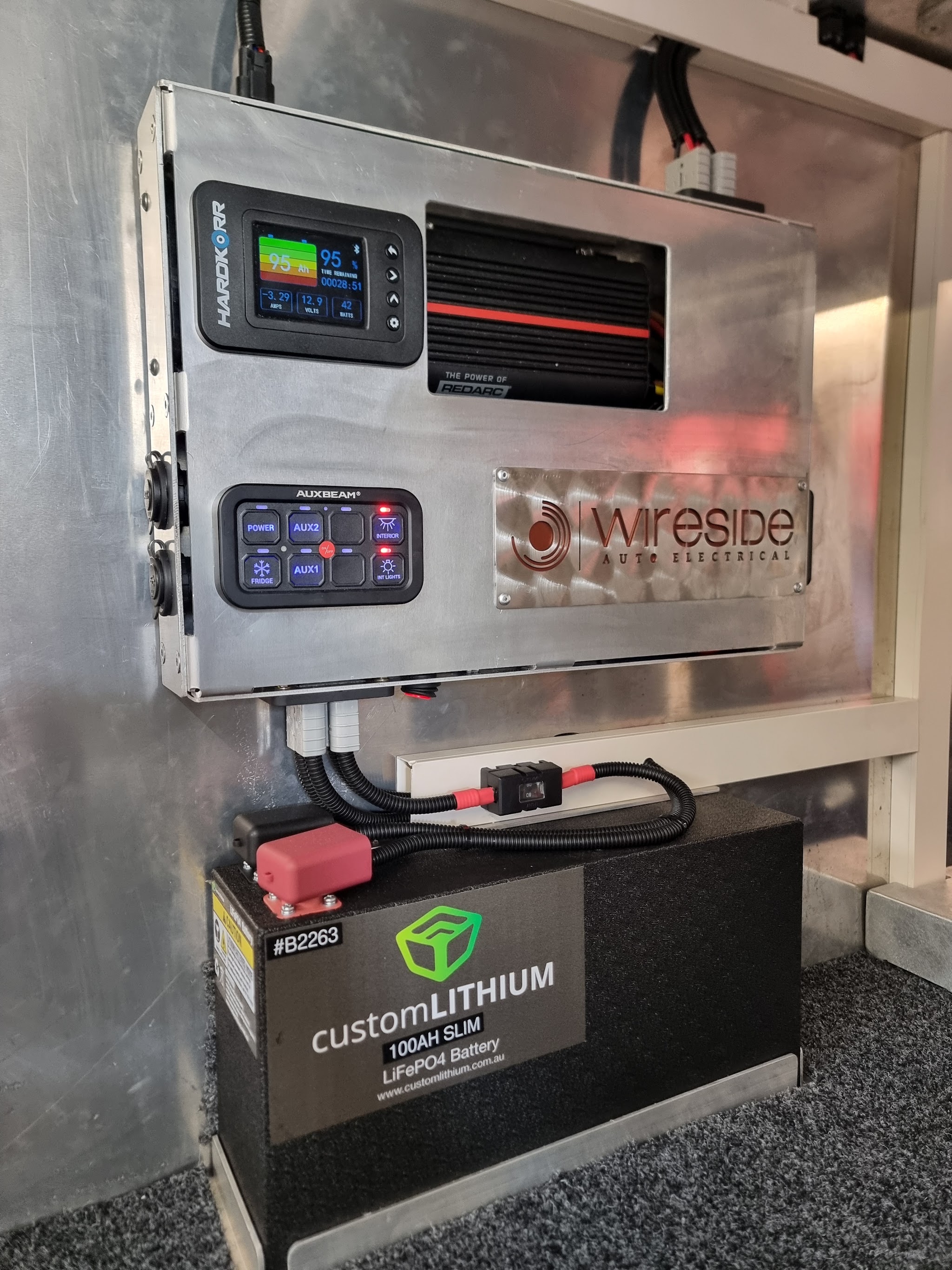 A canopy power box with a Hardkorr monitor, Redarc DC-DC charger, Auxbeam switch panel and an etched Wireside plate, above a Custom Lithium 100Ah battery